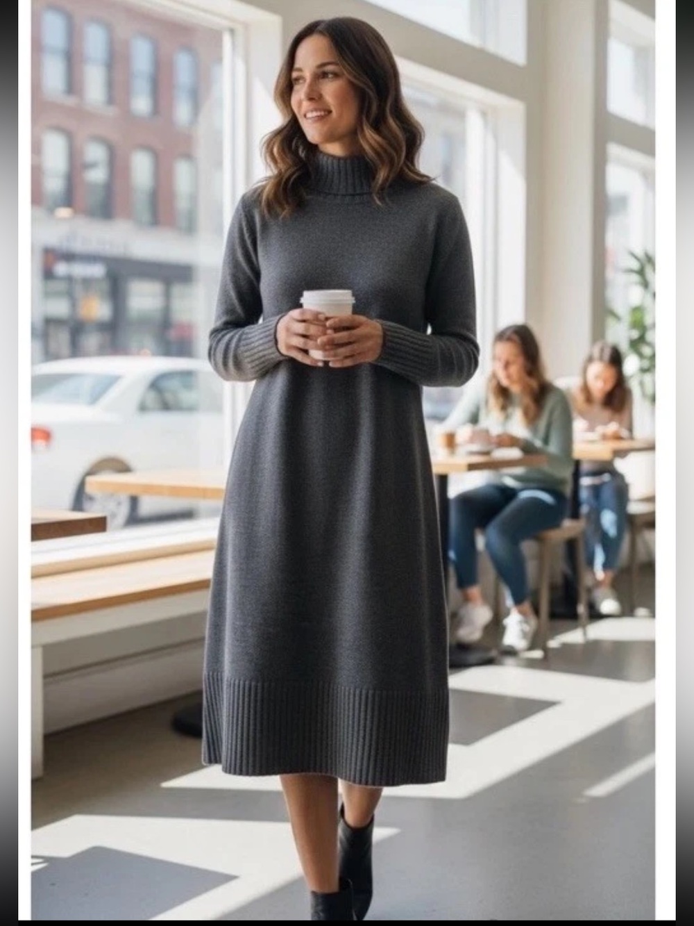 Eileen Fisher 100% Extra Fine Marino Wool Turtleneck Midi Sweater Dress Large